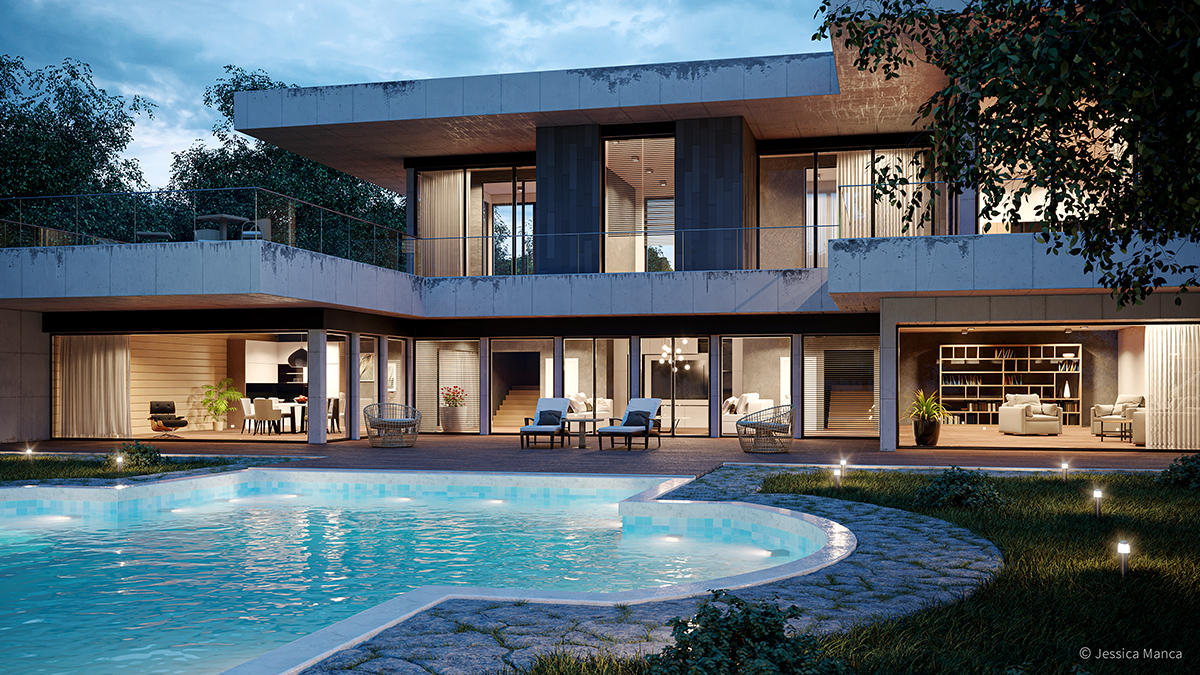 Render fotorealistico di una vista esterna di una villa moderna inserita in un contesto naturale con illuminazione notturna