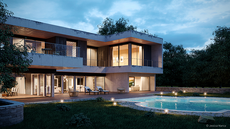 Render fotorealistico di una vista esterna di un'architettura moderna 