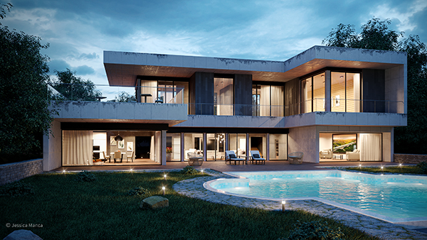 Render fotorealistico di una vista esterna di una villa moderna inserita in un contesto naturale con illuminazione notturna