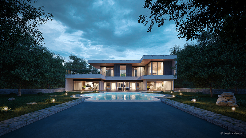 Render fotorealistico di una vista esterna di un'architettura moderna 