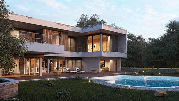 Render fotorealistico di una vista esterna di un'architettura moderna con illuminazione serale