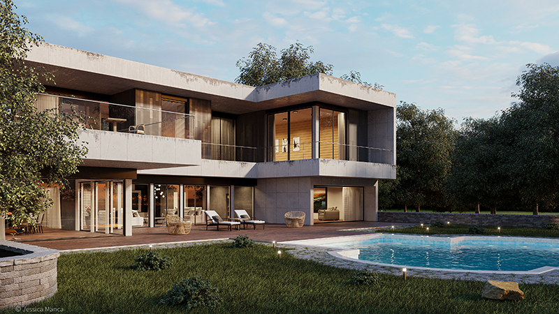 Render fotorealistico di una vista esterna di un'architettura moderna al tramonto